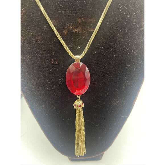 Kim Rogers Gold Tone Red Stone Tassel Long Necklace. - Picture 2 of 10